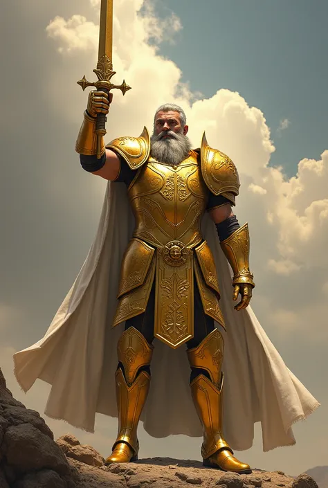 man with armor made of gold, His sword points to the sky, his head has a helmet