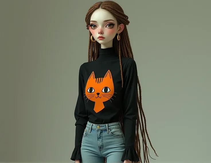 woman of long and double height, white skin, hair made of long braids style African braids in brown color, dark brown eyes, small nose, ears with small circular earrings in gold color, Black blouse with an orange kitten drawn on the front, Skinny jeans up ...