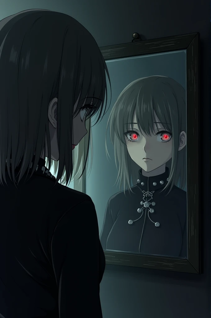 Young looking woman with greyish green eyes looking at a mirror, Im the mirror is herself with bright red eyes
She has a gothic style, black clothing and a collar with spikes
Anime style