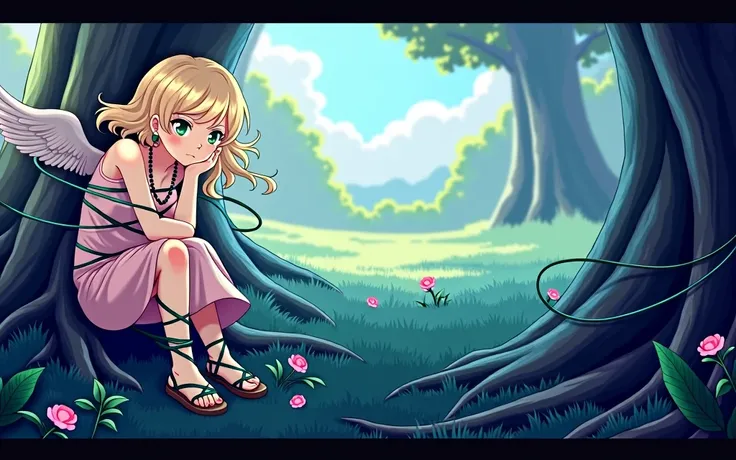 beautiful angel girl, blonde hair, green eyes, wearing pink sleeveless dress, sandals, necklace and earrings, gets tied to a tree 