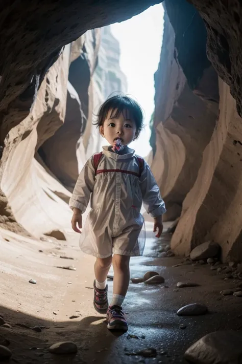 Korean baby walking with pacifier dressed in diaper in cave landscape