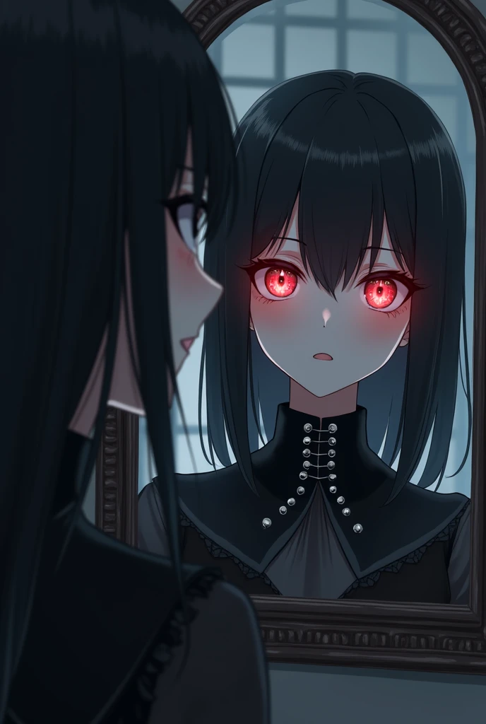 Young looking woman with greyish green eyes looking at a mirror, Im the mirror is herself with bright red eyes
She has a gothic style, black clothing and a collar with spikes
Anime style
She has black medium length hair