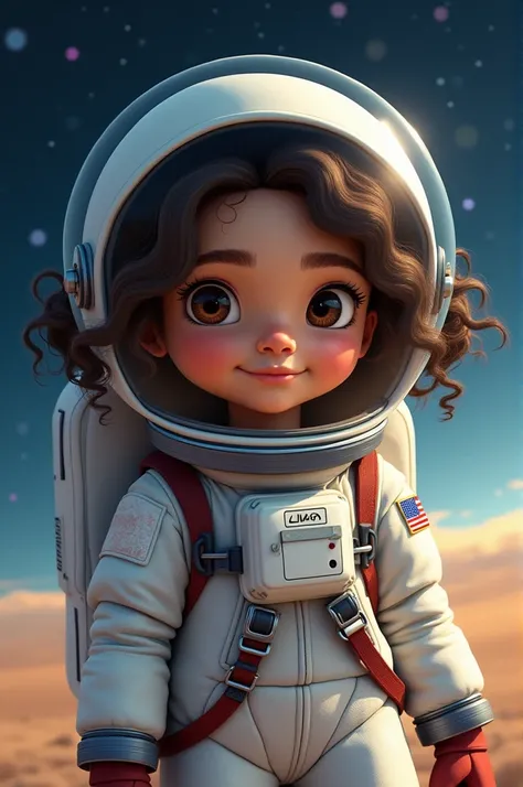 Little  brunette Venezuelan Latina girl with small eyes and curly hair dressed as an astronaut