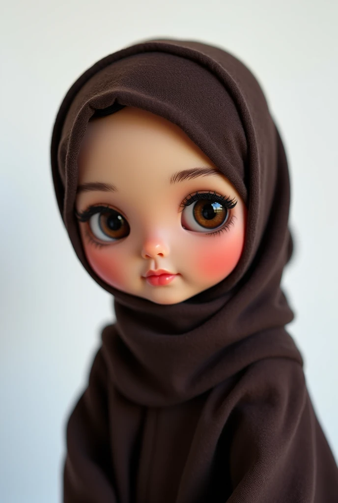 blythe doll with dark brown eyes, reddish lips, pink cheeks, black eyebrows, and with dark brown hijab, with slightly tanned skin, and almond eyes (plain white background) (hair is fully covered with selfie-like diagonal pose) 