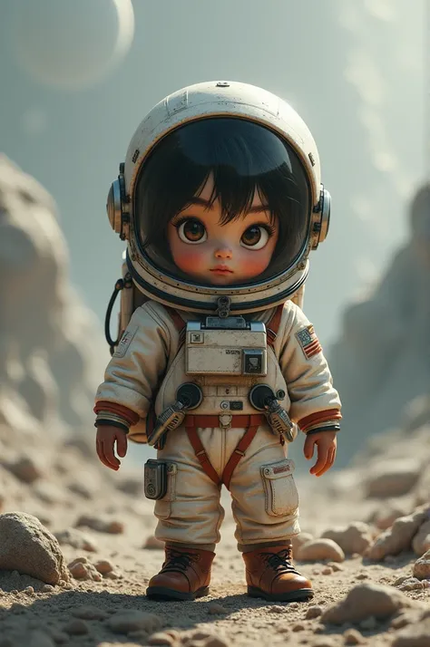 Little Venezuelan brunette Latina girl with small eyes dressed as an astronaut
