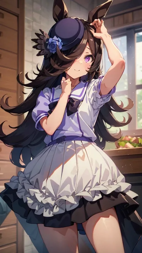 (rice shower (umamusume)),(masterpiece),figure,brown black hair,long hair,purple eyes,flowing bangs,long bangs,long hair, small breasts,hair covers right eye, School uniform, smile, close your mouth, classroom, Upper body, looking at the viewer, School, ar...