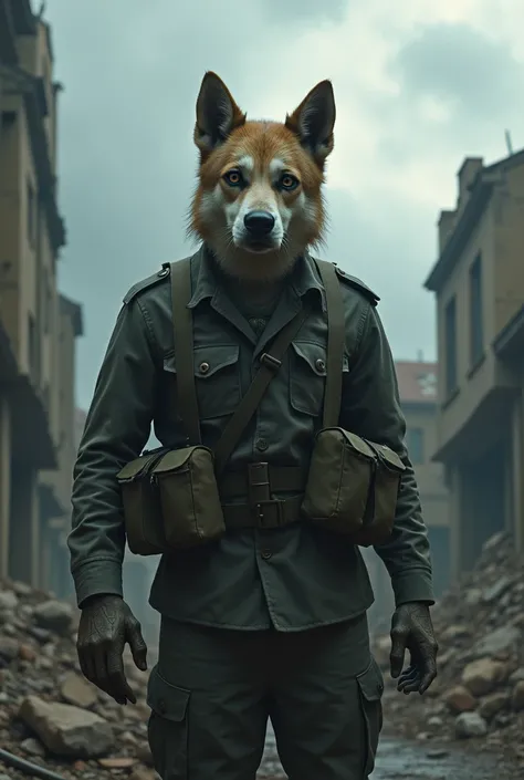 Traumatized soldier with dog face Alone with wide open eyes War background Serious and traumatized 