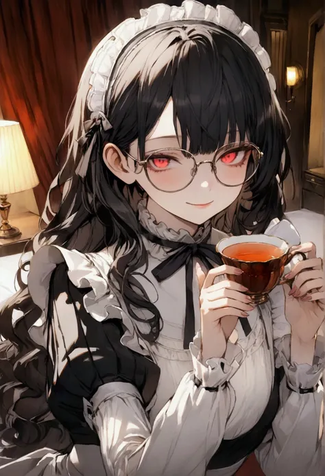 work of art, victorian maid outfit, stockings, long wavy black hair, 5 star hotel room, dim, warm light, glowing red eyes, staring at you, half closed eyes, smirking, secretive, holding a tea cup, wearing eyeglasses