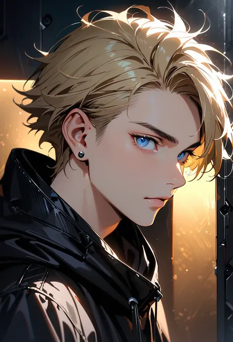 (masterpiece, best quality:1.3), A man, 22-years-old, solo, Caucasian, short blonde spiked-up hair, mature face, light blue eyes, black hoodie, black leather jacket, small silver earrings, titanium wall, looking at viewer, portrait, cool lighting