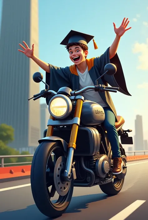 A young person graduating on a motorcycle 