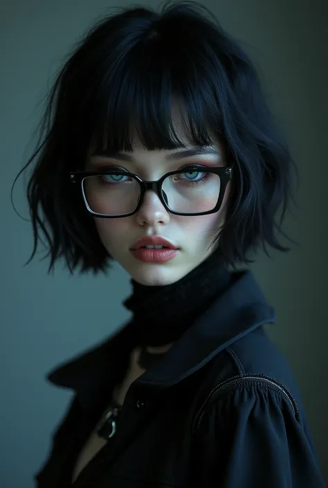 A beautiful woman with a beautiful body with semi-short black hair and who has attractive blue eyes and who is goth and who wears glasses, shows full body 