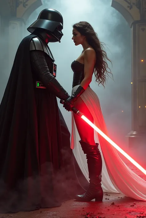 Laura Bailey  as a Sith duelling Darth Vader, red lightsaber, white pleated_skirt, corset tube_top, thigh_highs, thick_thighs, knee_boots, straddling