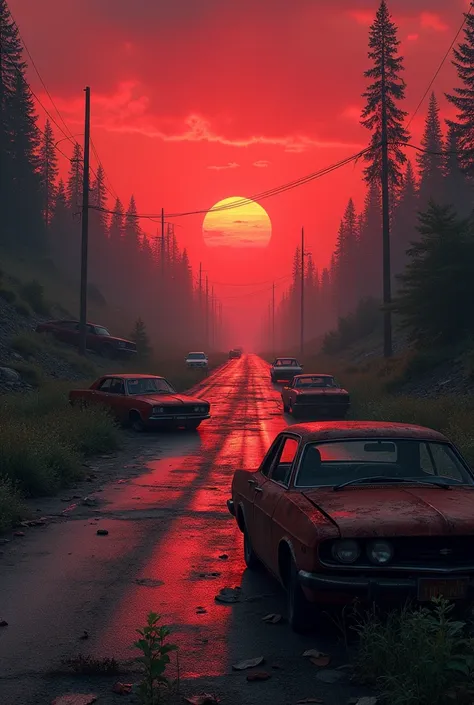 Very wide highway invaded by vegetation and cars, with red sunset in an apocalyptic scenario full of chaos and destruction 