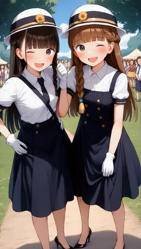 {Best Quality}, {Very beautiful},{Ultra fine},{Best illustration},Brown Hair,Hime cut,Long Hair,Braids,Standing Woman,Woman guarding,Adult women,smile,Excited face,Wink,Uniform cap,White Shirt,Short sleeve,long black skirt,White gloves,Around town,Summer F...