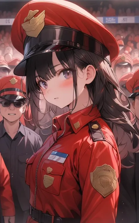 (((red police uniform))), (((red police officers hat))), inside the body, (((crowd))), girl, 