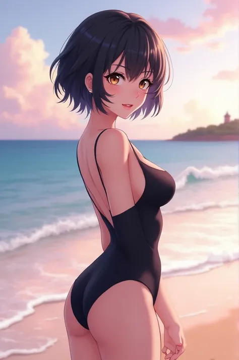  on the beach wearing a black swimsuit with short hair small breasts and ass with a passionate look anime style dcom only  cute face and child body 