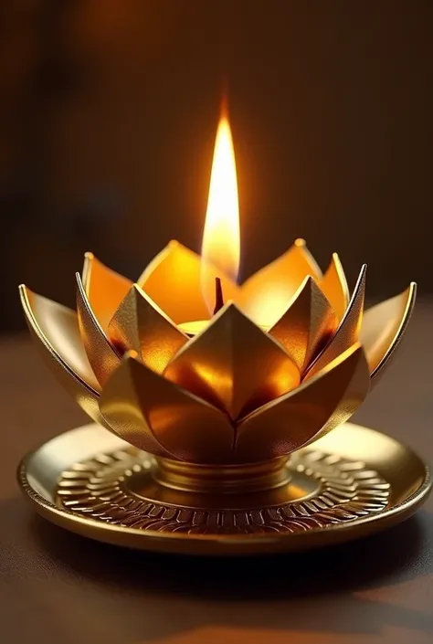 一朵金莲花oil lamp，Round，Metal lotus，flame，oil lamp，Disc base，Gold Metallic Pattern，Symmetrical petals exude elegance and strength。Magnificent and majestic。The design should exude a sense of luxury and simplicity，The overall aesthetic should be modern and sophi...