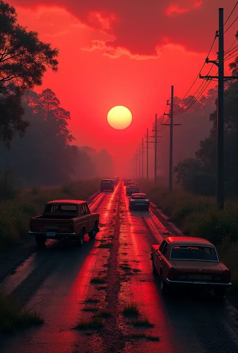 Very wide highway invaded by vegetation and cars, with red sunset in an apocalyptic scenario full of chaos and destruction 