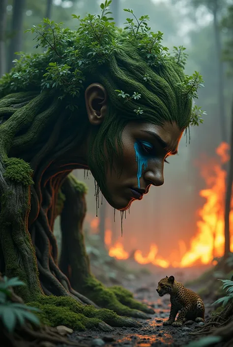 an Amazonian tree, green and big, crying bent over, with a sad face, female face triste e meigo, with blue tears falling from his eyes, as she talks to a small wild jaguar. In the background a forest burning to ashes, female face