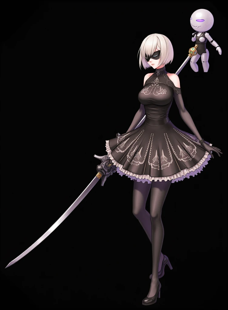 The character presented is 2B, an iconic figure in the game "Nier: Automata". Here are the details of its appearance:

1. **Hair**: 2B has short, platinum hair, with bangs that cover part of her face. The hair is straight and well-groomed, giving an elegan...