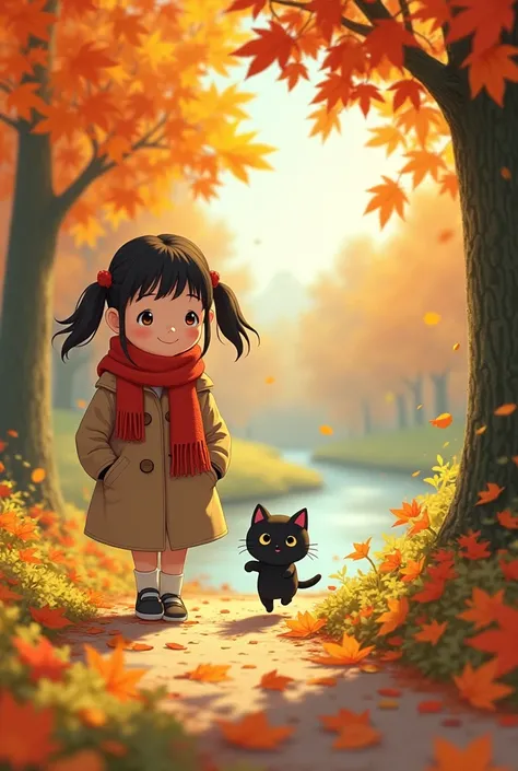 ジブリ風A cheerful young girl with pigtails, wearing a cozy red scarf and a woolen coat, walks through a maple forest in autumn. Beside her, a small black kitten prances happily, leaping at the falling golden and orange leaves. The girl’s hands are in her pock...