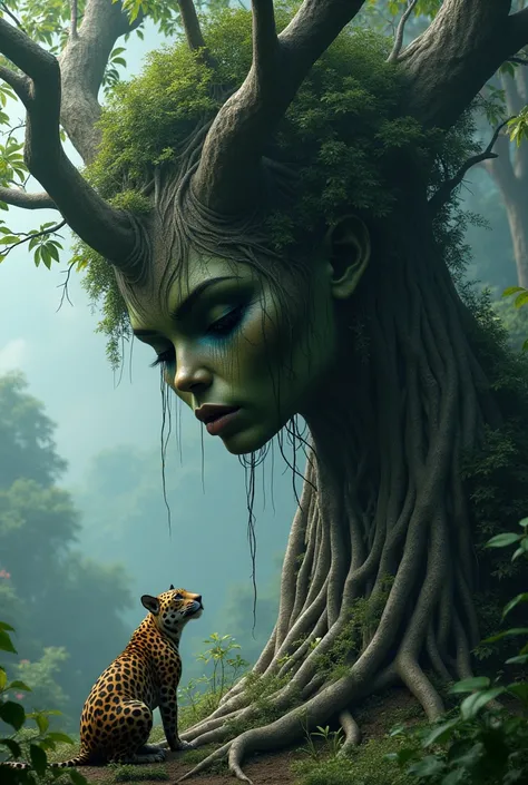 an Amazonian tree, green and big, crying bent over, with a sad face, female face triste e meigo, with blue tears falling from her eyes, as she talks to a small wild jaguar. In the background a forest burning to ashes, female face