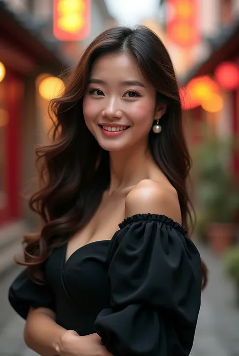 A korean woman wearing black big puff sleeves dress, with long brown hair in big curls, wearing pearl earrings, the background should be in streets, she is smiling towards the camera, realistic, warm colors