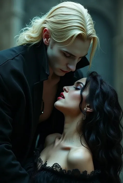 A tall handsome young blond vampire man with white skin biting the neck of a woman with long curly black hair 