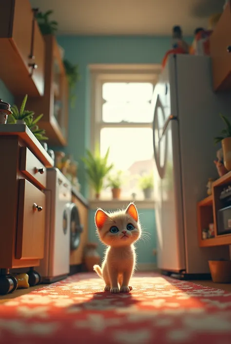 Kitten and Giant World: Describe the experience of a tiny kitten exploring a giant, human-sized world, where everyday objects like a teacup or pencil appear enormous.