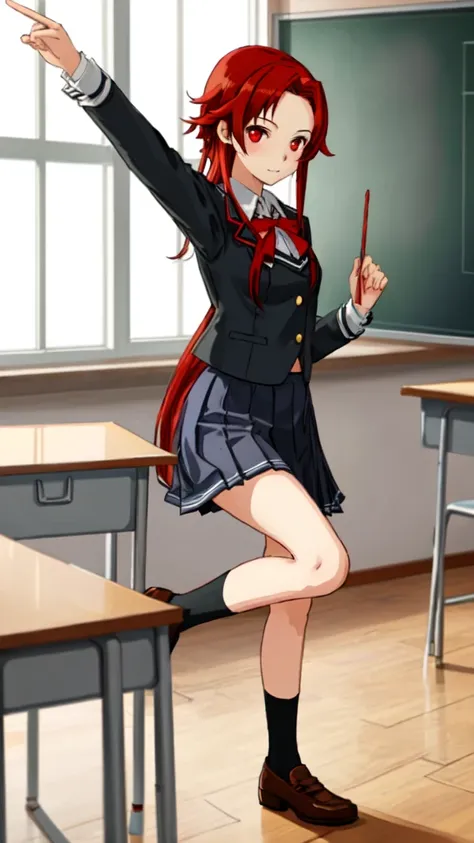 1girl, solo, digital art, ultra detailed,  tiese, red eyes, red hair, school uniform, skirt, medium shot, classroom,