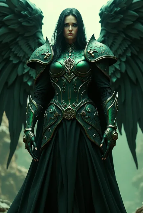 Body: Imposing height and striking presence, with a stature that conveys authority and strength.

wings: wings grandes e negras, with feathers that have a greenish sheen at the tips. The wings are imposing, but they also show signs of wear and subtle tears...