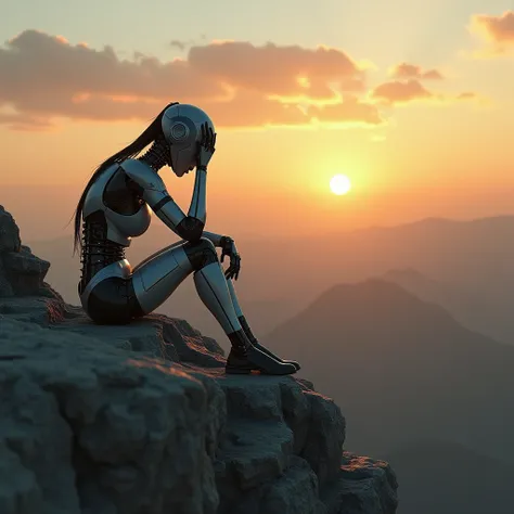 A lonely robotic woman, sitting, with the face close to the knees, watches the sunset from a cliff, while thinking sadly.