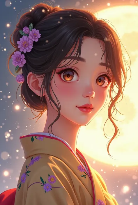 Makoto shinkai style illustration of pretty young woman. The woman has delicate features, with soft, smooth skin and a glowing complexion. she is gazing thoughtfully with a serene and happy expression. most delicate facial features, perfect face, sharp nos...