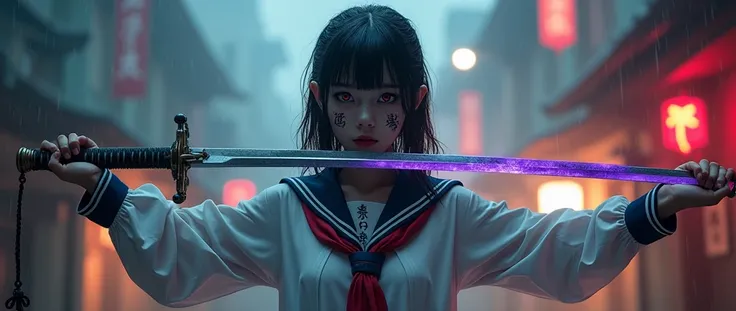 Serious, Shoulder-length straight hair, White and blue sailor suit, Two gorgeously designed rings, Standing with open arms and a sword, Looking down, Ancient characters appear on the face and neck, Dark rainy environment illuminated by an eerie blue light,...