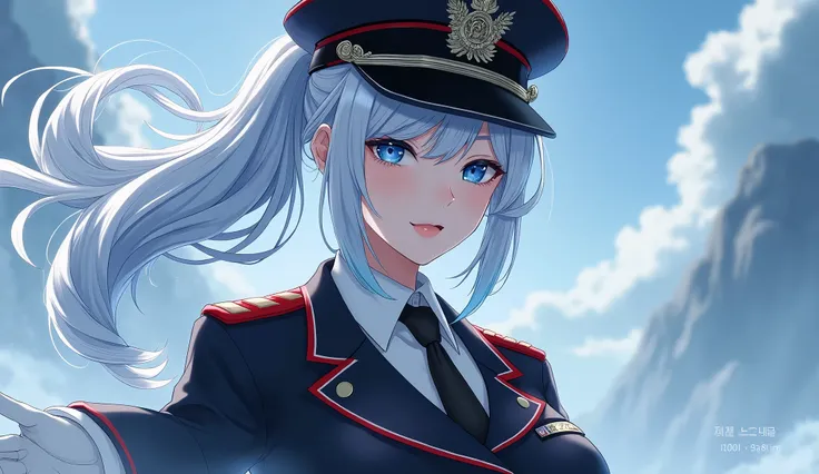 This is a picture of an ice queen preparing to fight in a war. of a female anime character. A busty young woman with white hair with blue highlights, hairstyle in a, bright blue eyes, young man wearing black Korean military uniform with red accents A black...