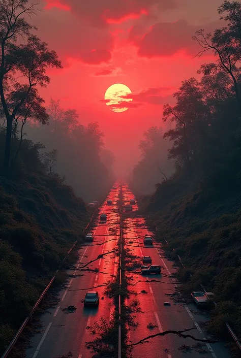 Very wide highway with pedestrian crossing invaded by vegetation and cars with red sunset in a dark apocalyptic scene full of chaos and destruction 