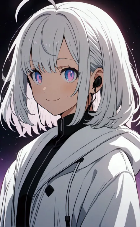 One girl, High resolution, Ahoge, Medium Hair, Shortcuts, Medium Hair, Silver Hair, smile, accessories, Anime Style, Earphones, Bright Eyes, Baggy white jacket,Odd Eye,Background white,adult,
Futuristic, human