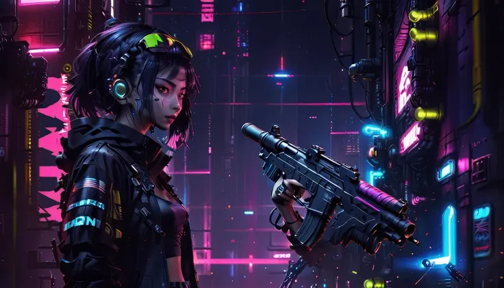 one girl、neon art、cyber punk、arms、pistol、rocket launcher、missile