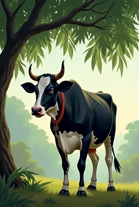 A heltifrigen cow in black and white colour without horns standing and eating grass under a mango tree with a beautiful green background with a red colour roap in his nack without horns
 