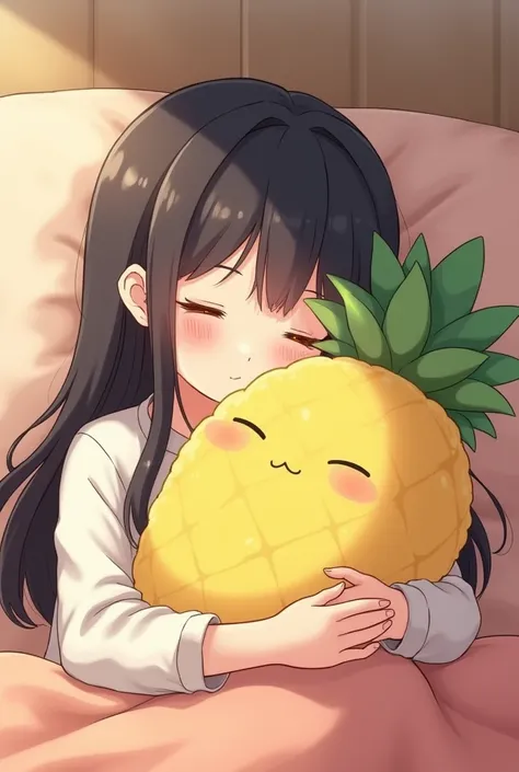 Black hair long hair cute anime girl blushing cuddling a pineapple plushy sleeping