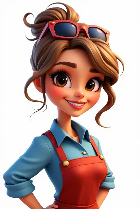 Create a Disney Pixar style cartoon of a woman with light brown hair and a medium cut. She wears sunglasses holding her hair up on her head.. light tan skin. <xml><input>gran sonrisa</input></xml>. thick lips. Big dark brown eyes. coquette. He is wearing a...