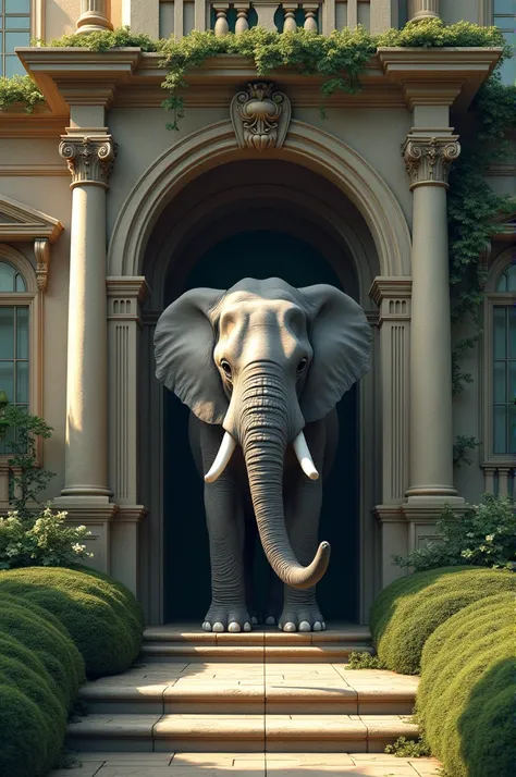 An elephant stands at the door of a beautiful house