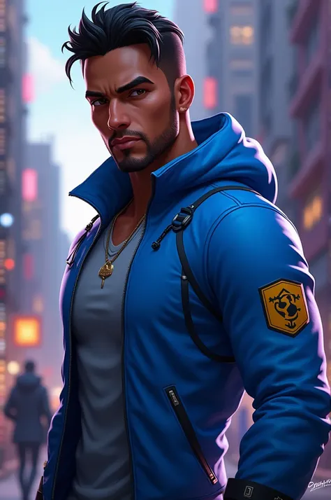 Free Fire Male Gamer Character, dark brown, dark brown eyes, black hair, high, closed, blue clothes, Beautiful and attractive