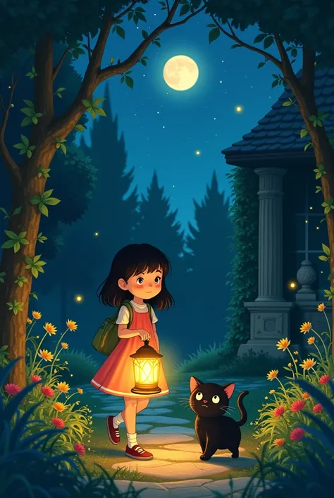 ジブリ風、Under a starry night sky, a young girl with a lantern sneaks through a moonlit garden, with a mischievous black kitten following close behind. The garden is filled with overgrown flowers, stone statues, and ivy-covered walls. The girl’s eyes sparkle w...