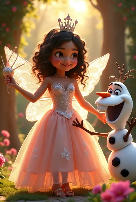 Little Venezuelan brunette Latina girl with small eyes and curly hair dressed as a fairy godmother with wings, a crown, a magic wand, Olaf

