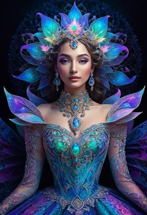 Colorful gradient:1.5, Josephine wall style:1.4, (zentangle, datura, fractal, lattice), (surreal fractal art:1.3), ( bioluminescent  princess beautiful lighting dress:1.4), (Very detailed, 8k, beautiful epic dramatic scene es una noche profunda, darkness),...