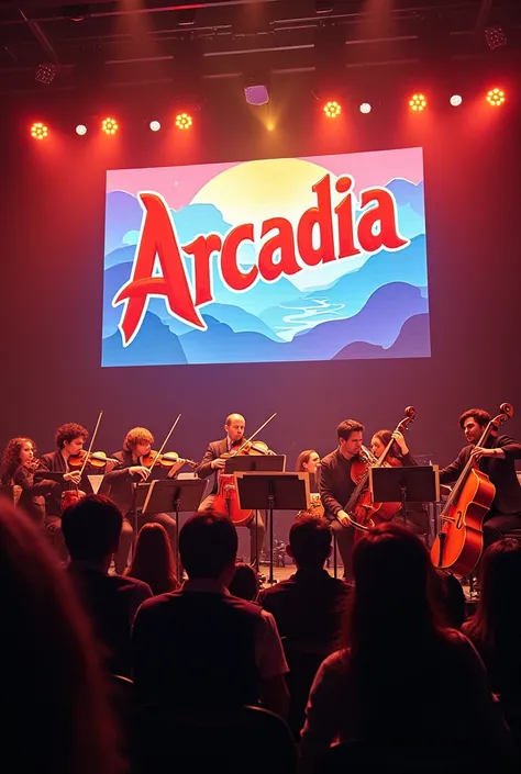 a photograph of a video game orchestra with a background of a banner with the title ARCADIA