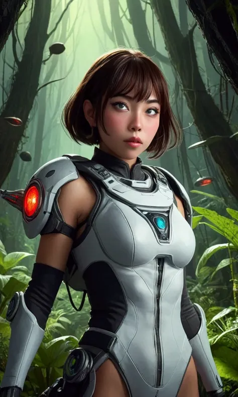 cute yuna, 1girl, detailed eyes, detailed lips, extremely detailed face, long eyelashes, sexy space adventurer outfit, lots of blinking lights, sword with chainsaw blade, dangerous alien forest, night, reaching rocket ship, cinematic lighting, 8k, high qua...