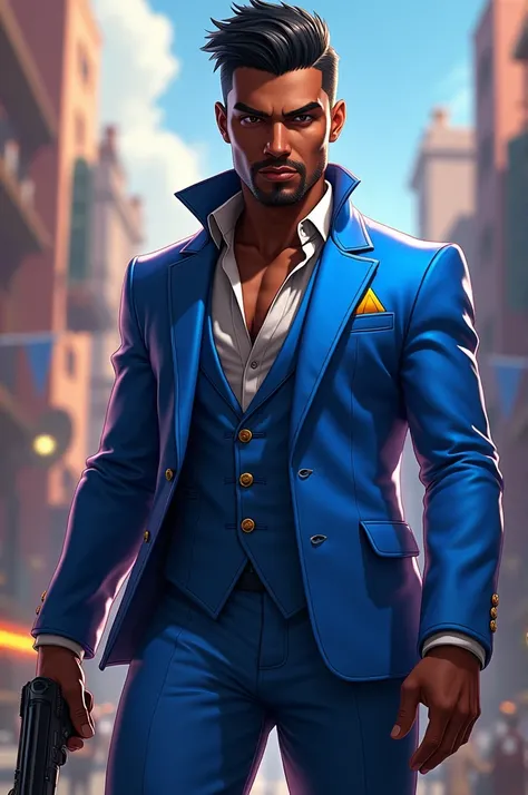 Free Fire Male Gamer Character, dark brown, dark brown eyes, black hair, high, closed, blue clothes, Beautiful and attractive