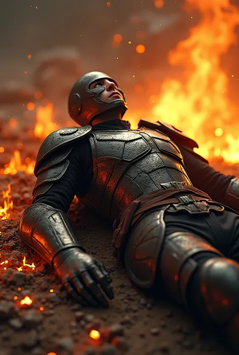 A young last hero of the earth named Edson on his back with his armor broken and fire surrounding him and with a broken knight helmet and mask.